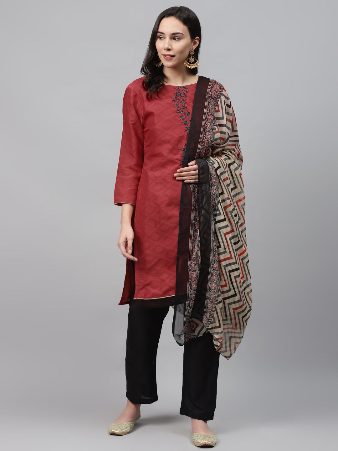 Readiprint Fashions Red & Black Silk Blend Semi-Stitched Dress Material Price in India