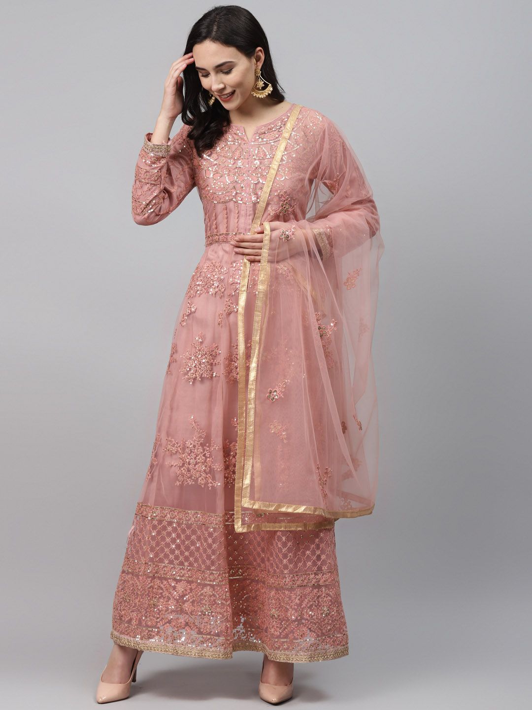 Readiprint Fashions Peach-Coloured & Golden Net Semi-Stitched Dress Material Price in India