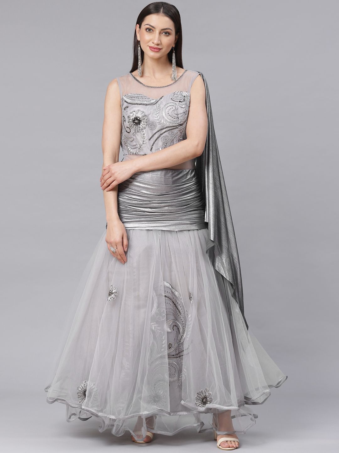 Chhabra 555 Women Grey Made to Measure Embellished Cocktail Gown Price in India