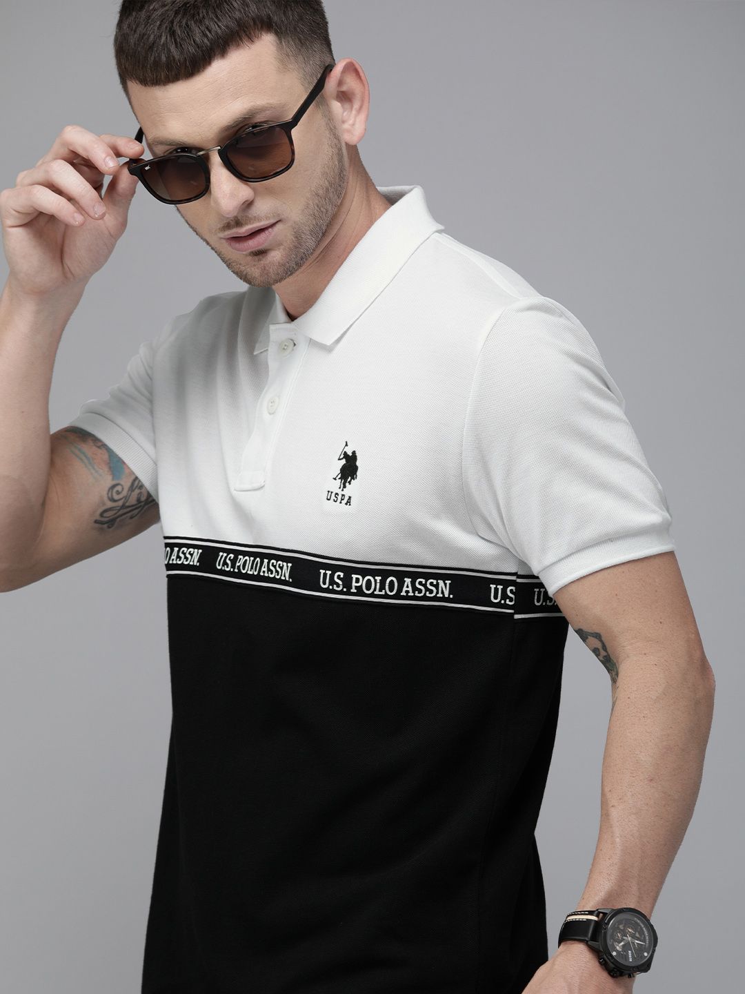 U.S. Polo Assn. Men White & Black Colourblocked Pure Cotton Polo Collar T-shirt