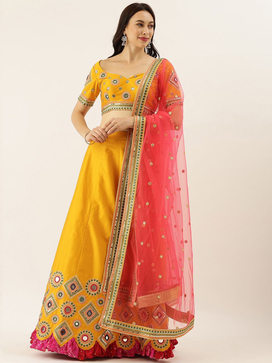 panchhi Mustard & Pink Embroidered Semi-Stitched Lehenga & Unstitched Blouse with Dupatta Price in India