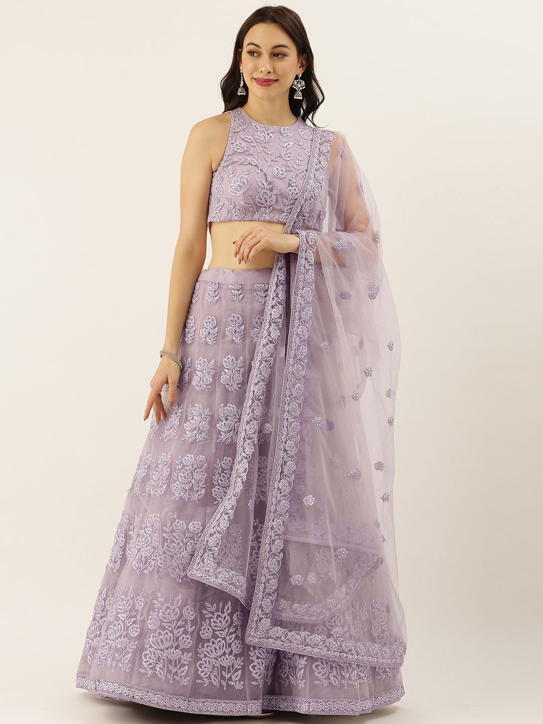 panchhi Lavender Embroidered Semi-Stitched Lehenga & Unstitched Blouse with Dupatta