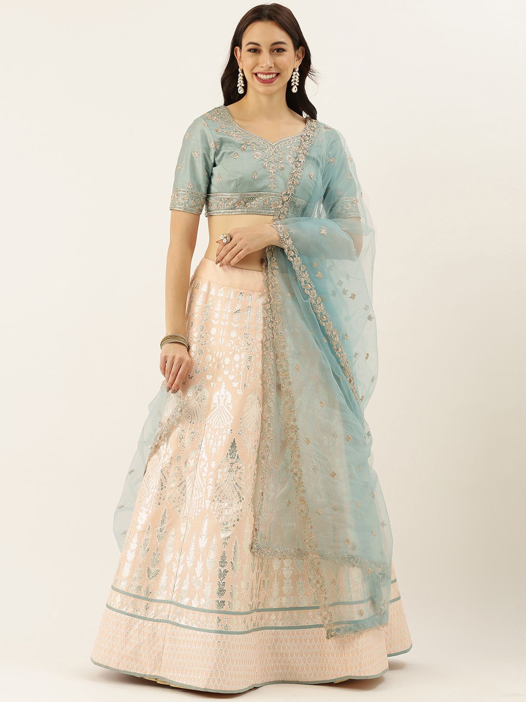 panchhi Peach-Coloured & Grey Embroidered Semi-Stitched Lehenga & Unstitched Blouse with Dupatta Price in India