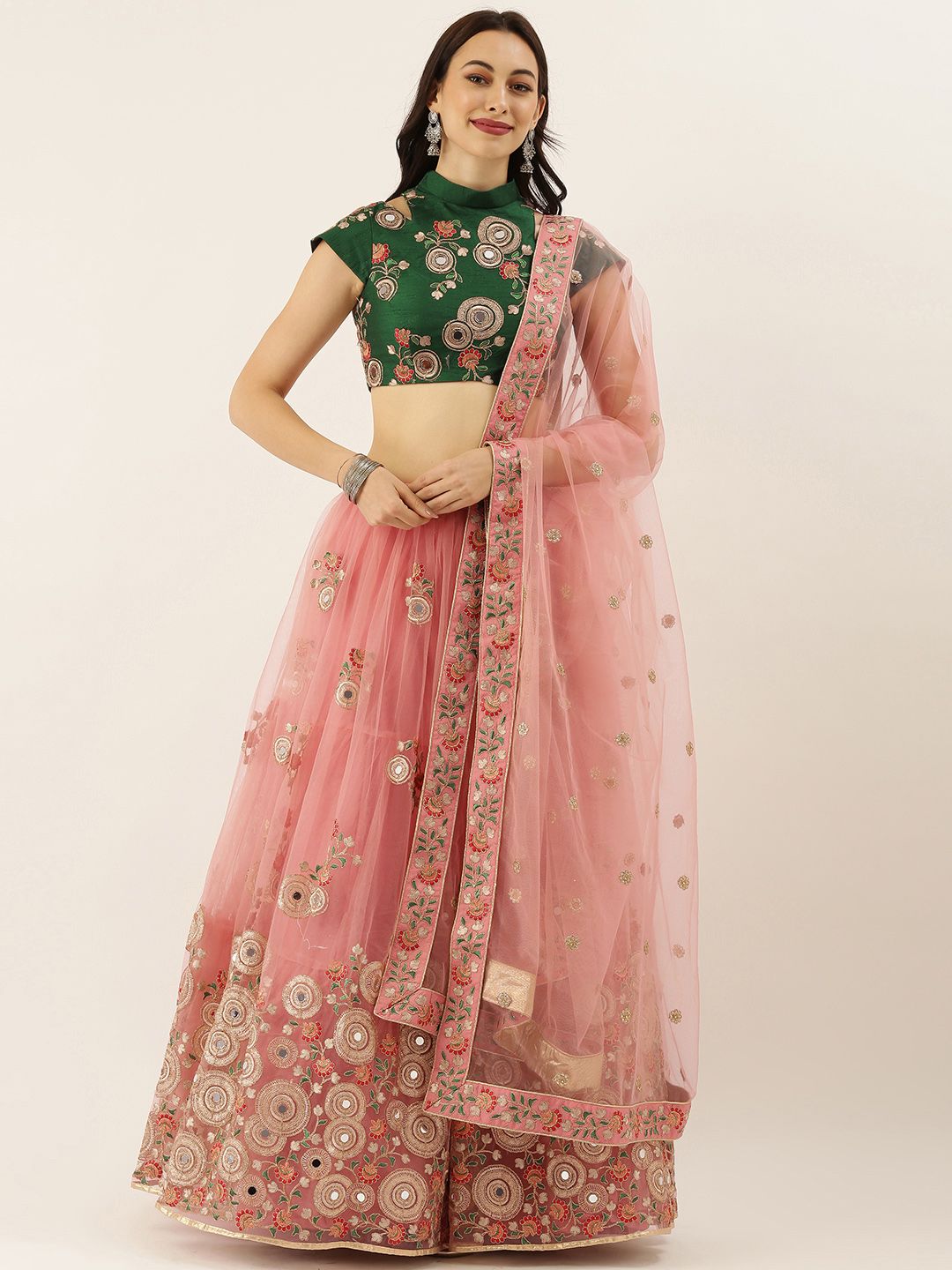 Pink & Green Embroidered Semi-Stitched Lehenga & Unstitched Blouse with Dupatta Price in India