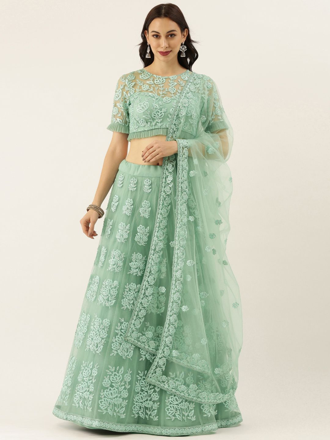 panchhi Sea Green Embroidered Semi-Stitched Lehenga & Unstitched Blouse with Dupatta Price in India