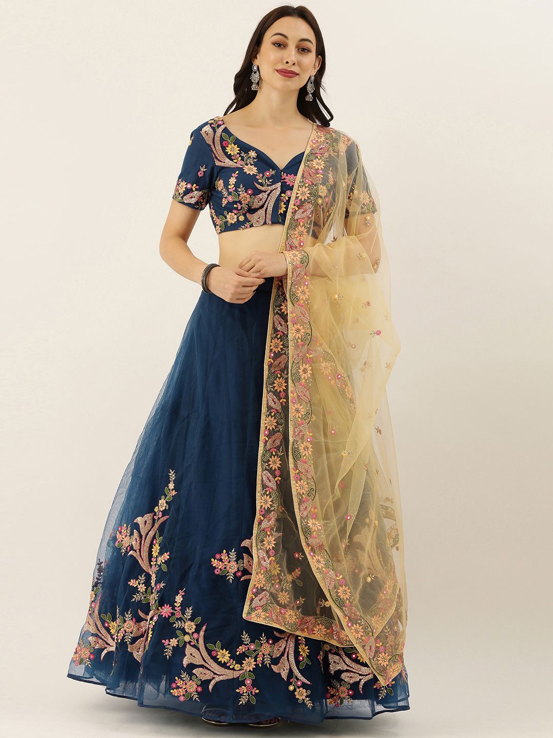 panchhi Navy Blue & Cream-Coloured Embroidered Semi-Stitched Lehenga & Unstitched Blouse with Dupatta Price in India
