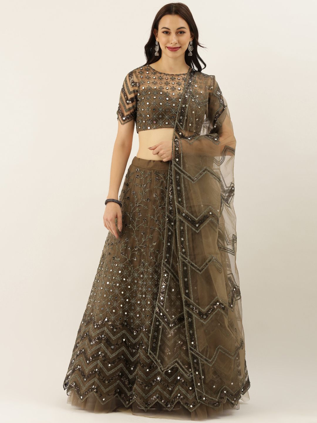 panchhi Olive Green Embroidered Semi-Stitched Lehenga & Unstitched Blouse with Dupatta Price in India