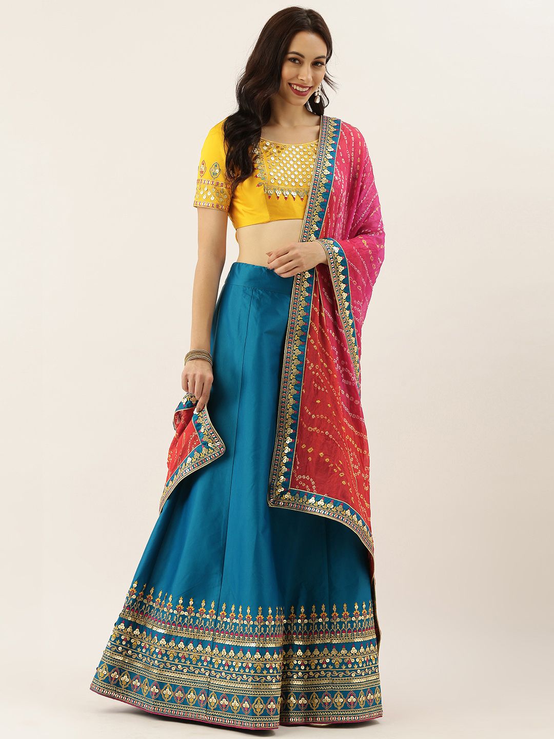 panchhi Yellow & Blue Embroidered Semi-Stitched Lehenga & Unstitched Blouse with Dupatta