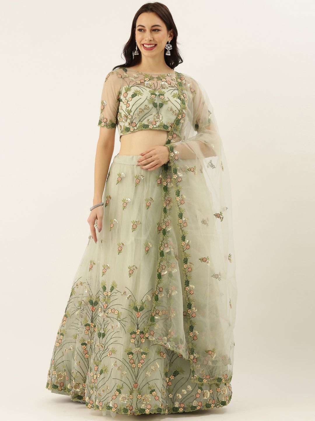 panchhi Green Embroidered Semi-Stitched Lehenga & Unstitched Blouse with Dupatta Price in India