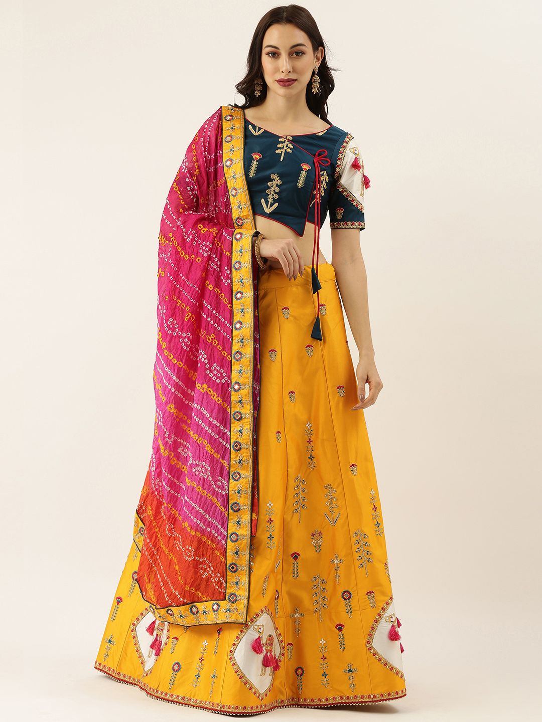 panchhi Mustard & Navy Blue Embroidered Semi-Stitched Lehenga & Unstitched Blouse with Dupatta Price in India