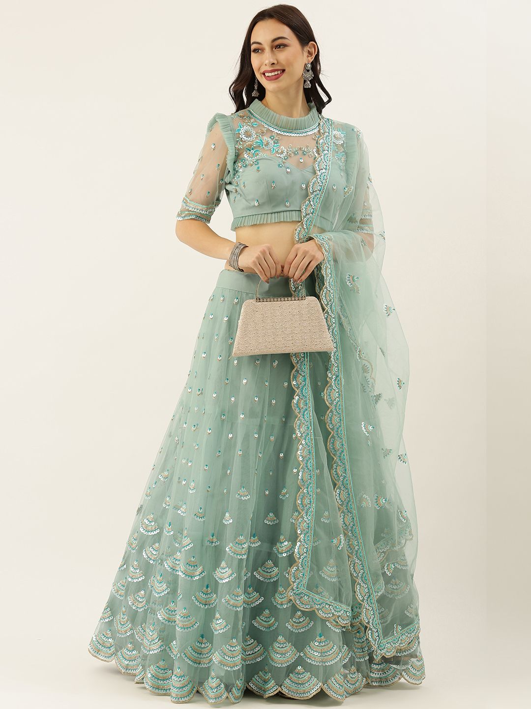 panchhi Turquoise Blue Semi-Stitched Sustainable Lehenga & Blouse with Dupatta Price in India