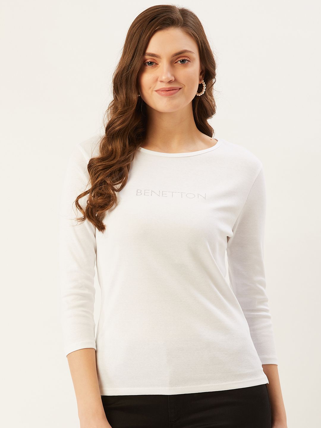 United Colors of Benetton Women White Solid Cotton Round Neck T-shirt