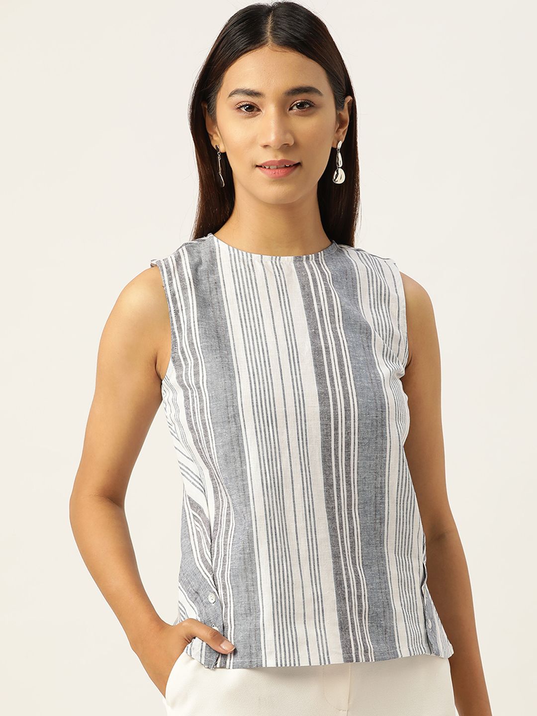 AND Women White & Blue Striped Regular Top