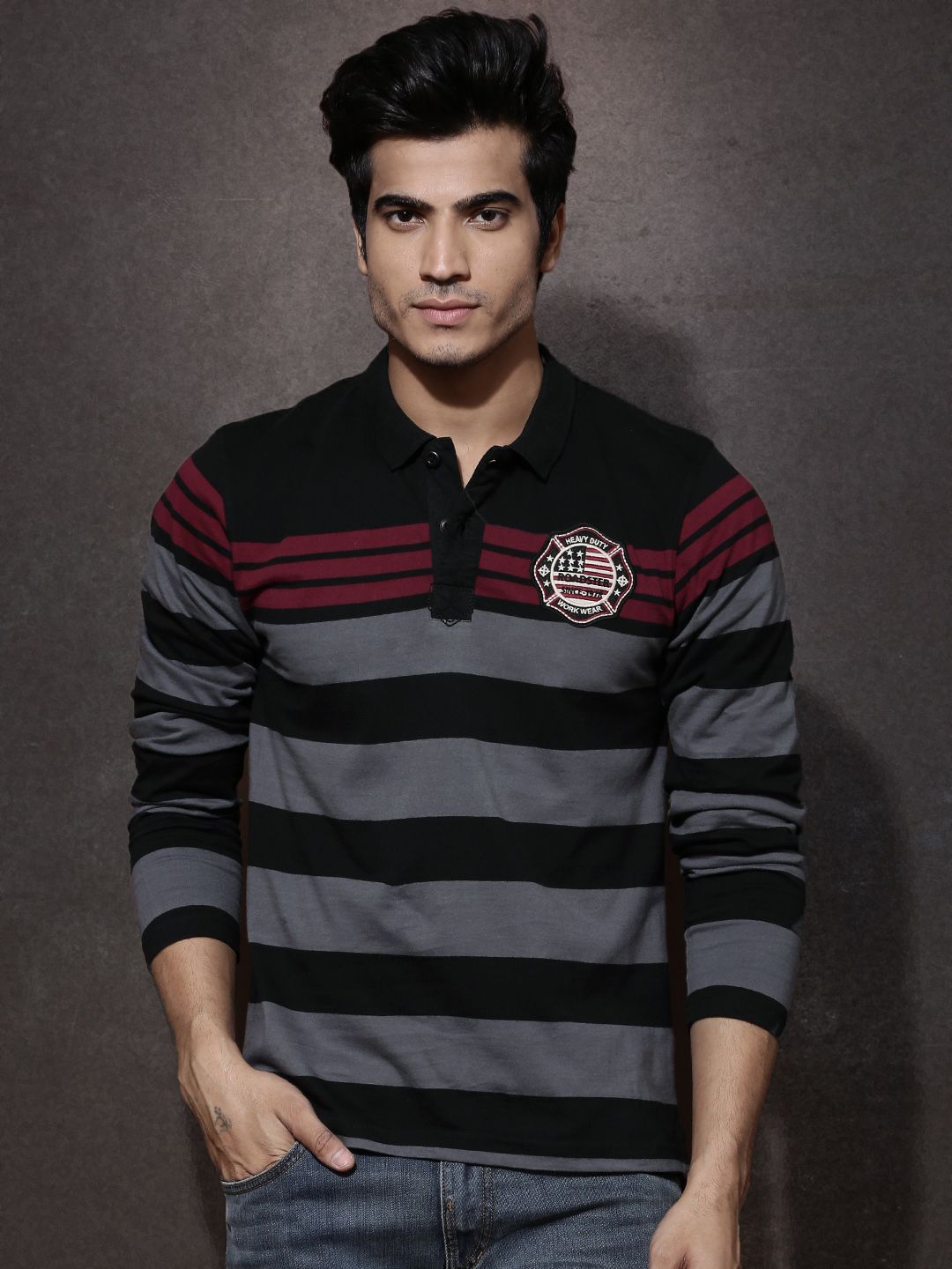 Roadster Men Black & Grey Striped Polo T-Shirt