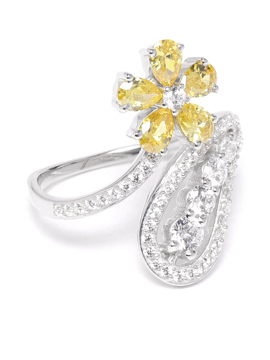 Silgo Yellow 925 Sterling Silver Rhodium-Plated CZ Studded Floral Finger Ring Price in India