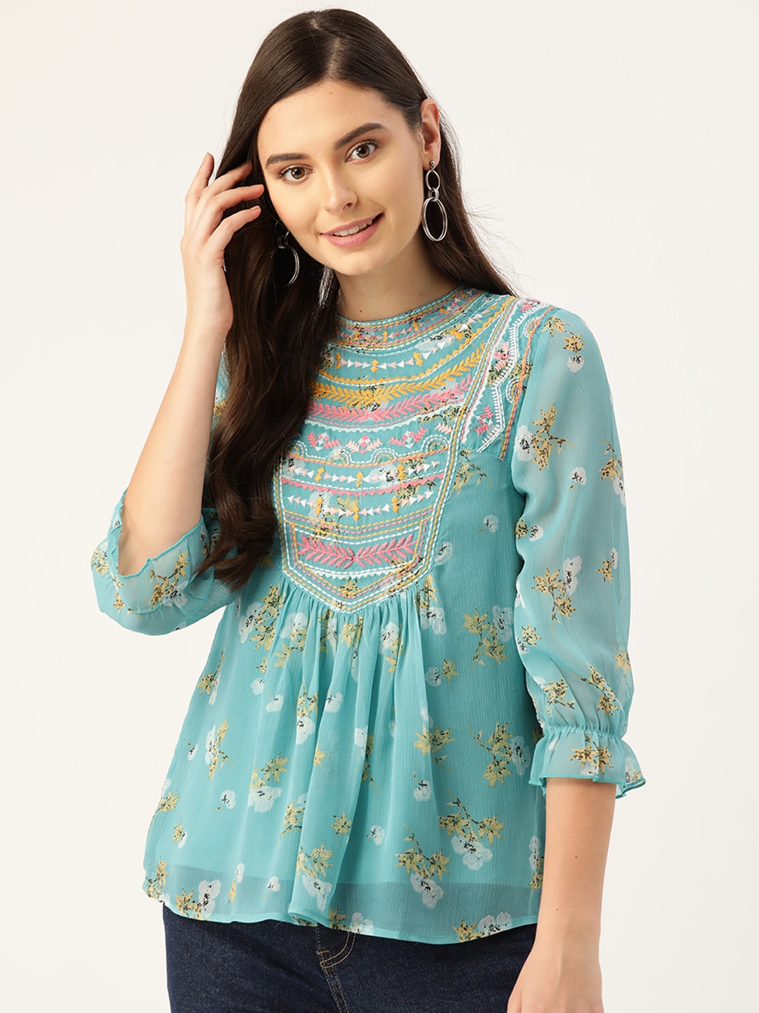 Antheaa Women Blue & Yellow Floral Print A-Line Top Price in India