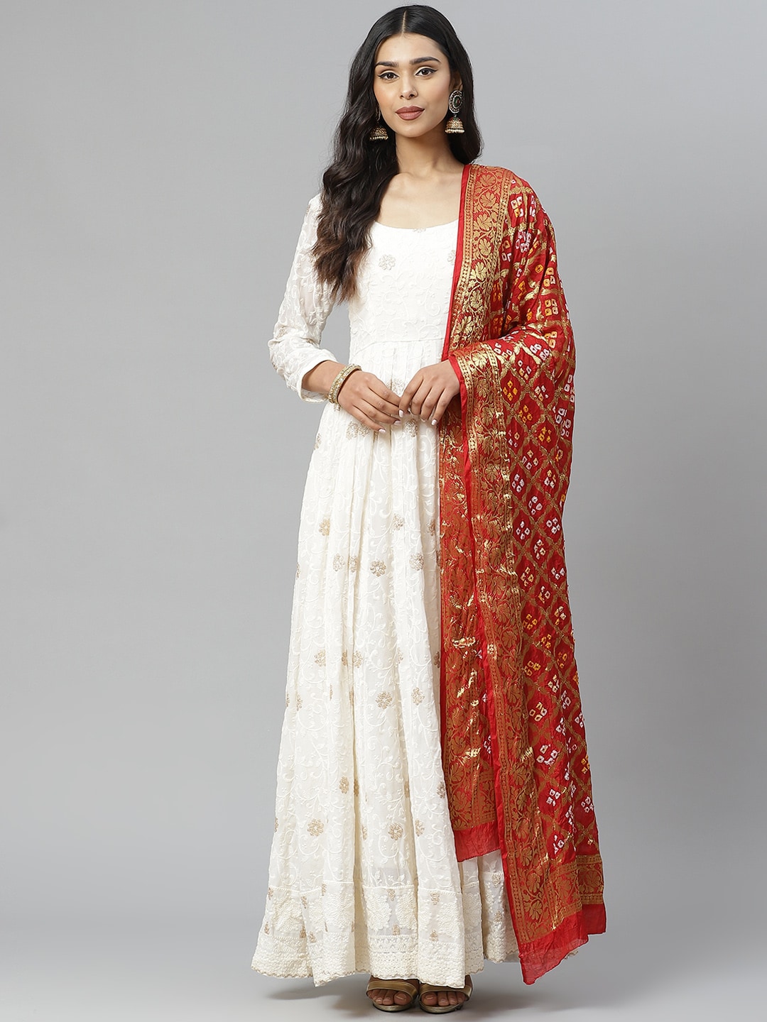 Rangpur Women Off-White & Golden Chikankari Embroidered Maxi Dress with Printed Dupatta Price in India