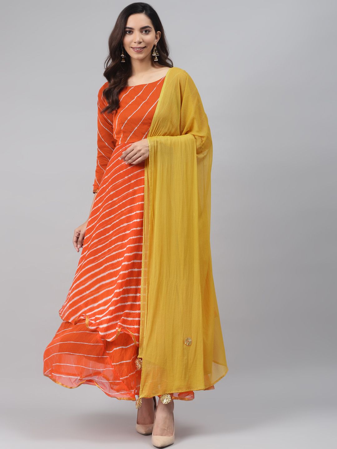 Rangpur Women Orange & Mustard Yellow Leheriya Print Maxi Anarkali Dress with Dupatta Price in India