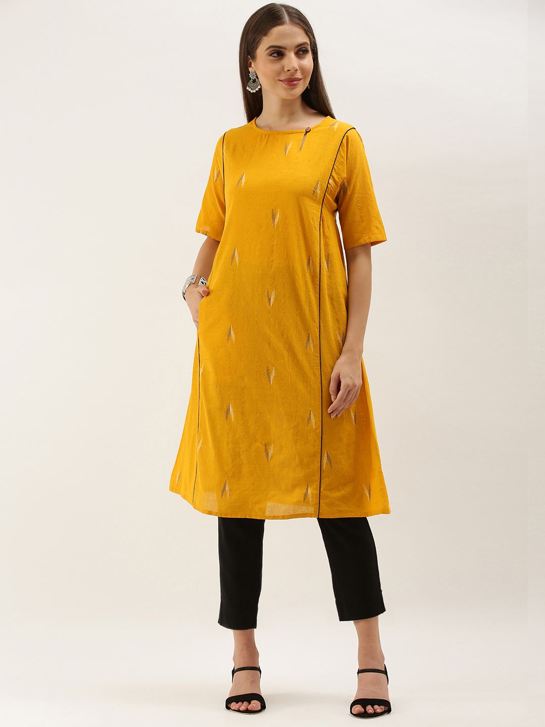 Taavi Mustard Yellow & Grey Woven Legacy A-Line Sustainable Kurta with Pocket Detail