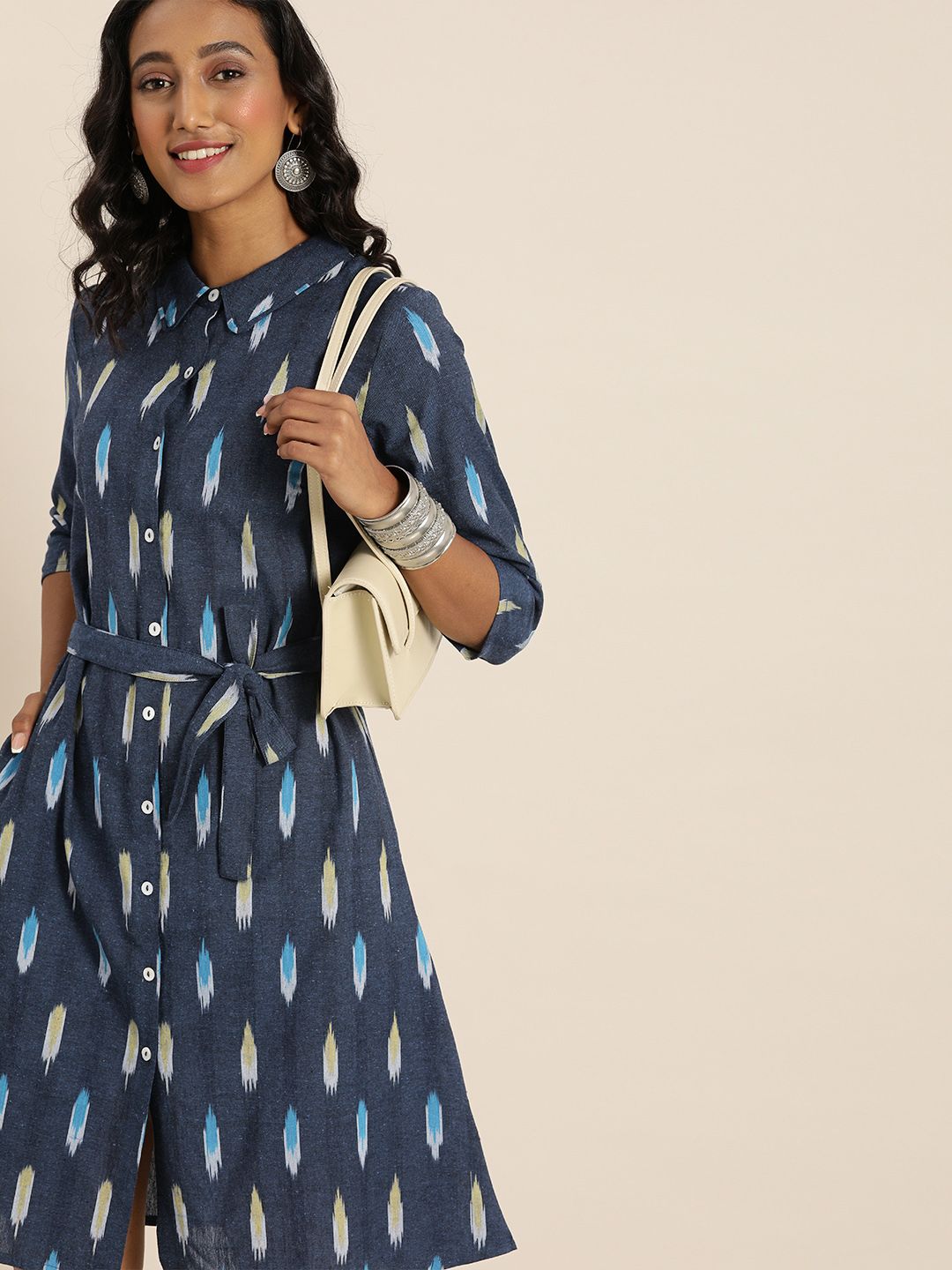 Taavi Women Blue Ikat Print Shirt Dress with Belt