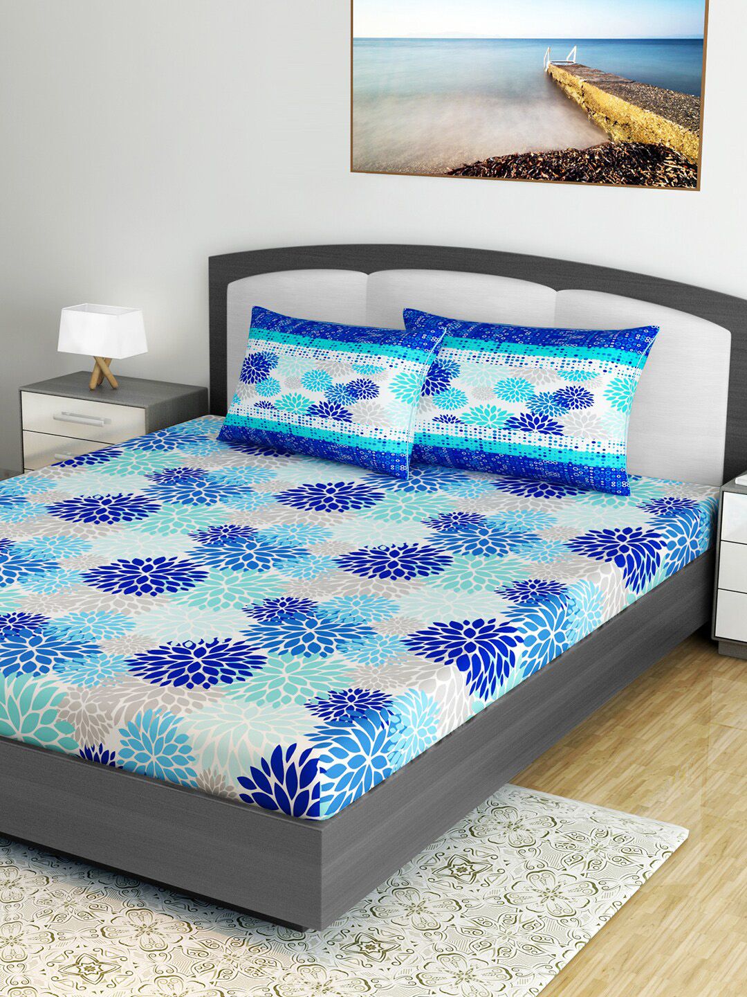 Divine Casa Unisex Navy Blue & Beige Floral 144 TC Double Queen Bedsheet With 2 Pillow Covers Price in India