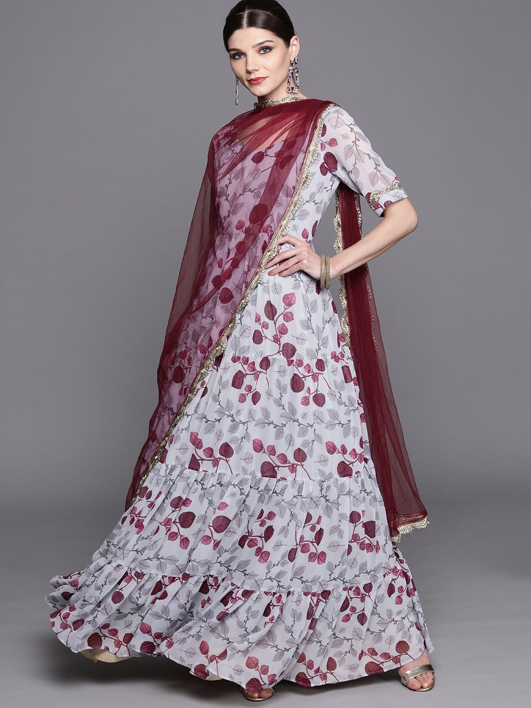 Inddus Women Grey & Maroon Printed Anarkali Kurta with Dupatta Price in India