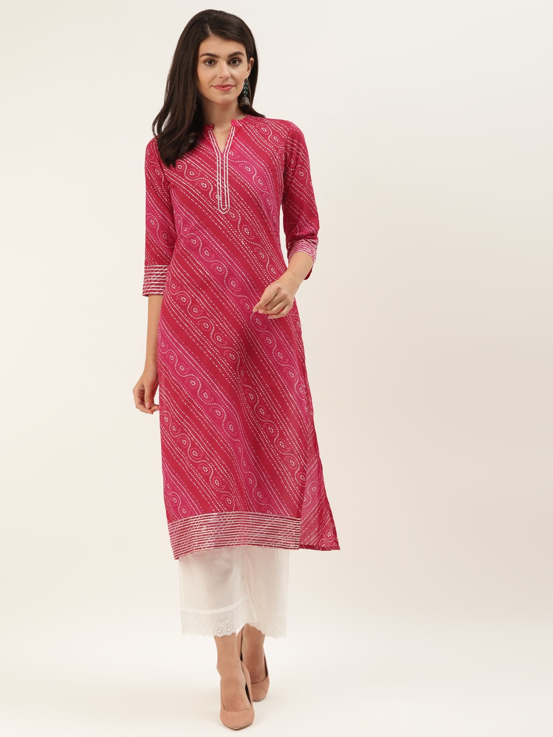 Varanga Women Pink & White Cotton Bandhani Printed Straight Kurta Price in India