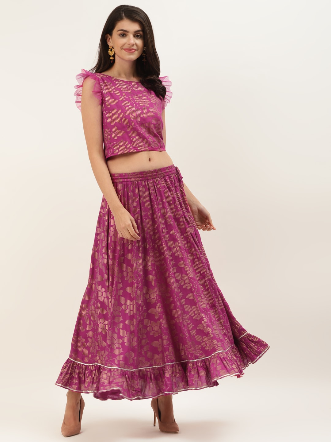 Varanga Women Magenta & Golden Printed Crop Top with Maxi Skirt Price in India