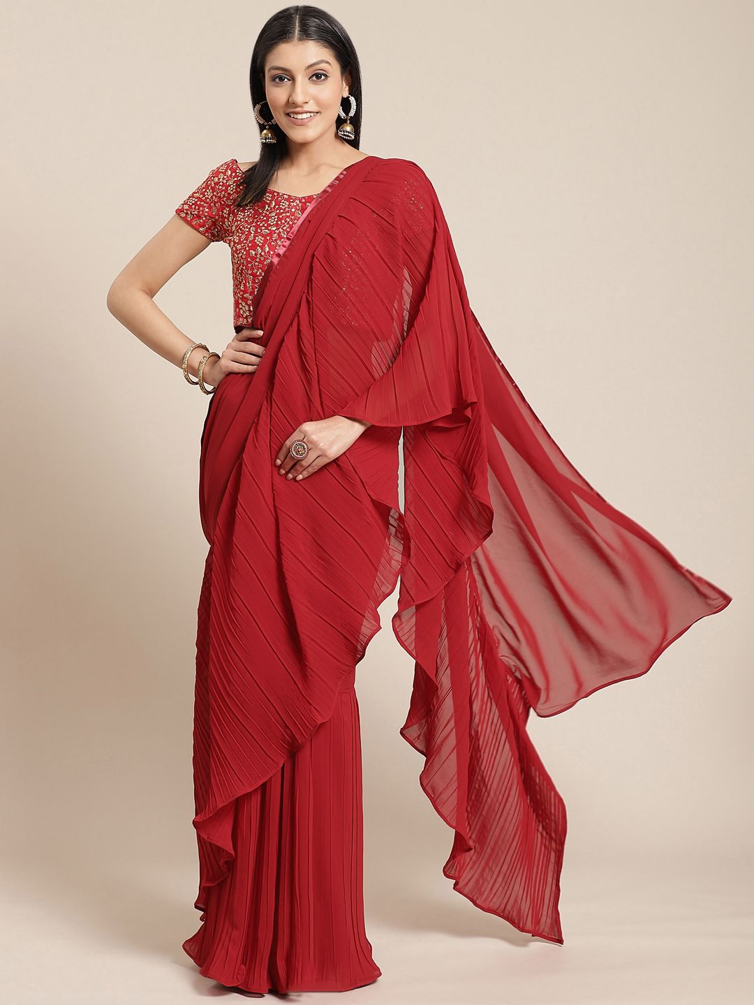 Inddus Maroon Solid Ruffled Saree