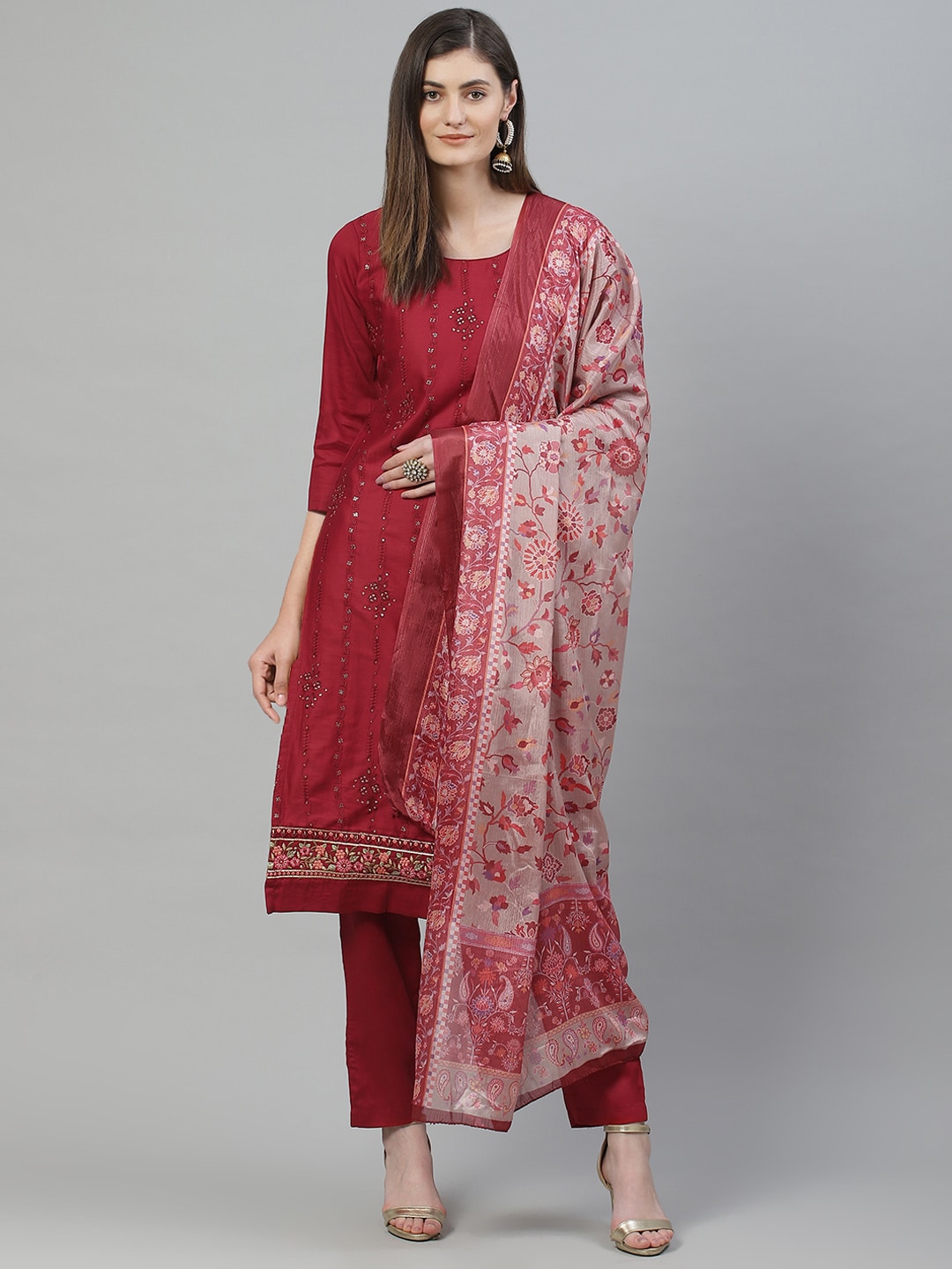 Inddus Maroon & Golden Embroidered Unstitched Dress Material With Dupatta Price in India