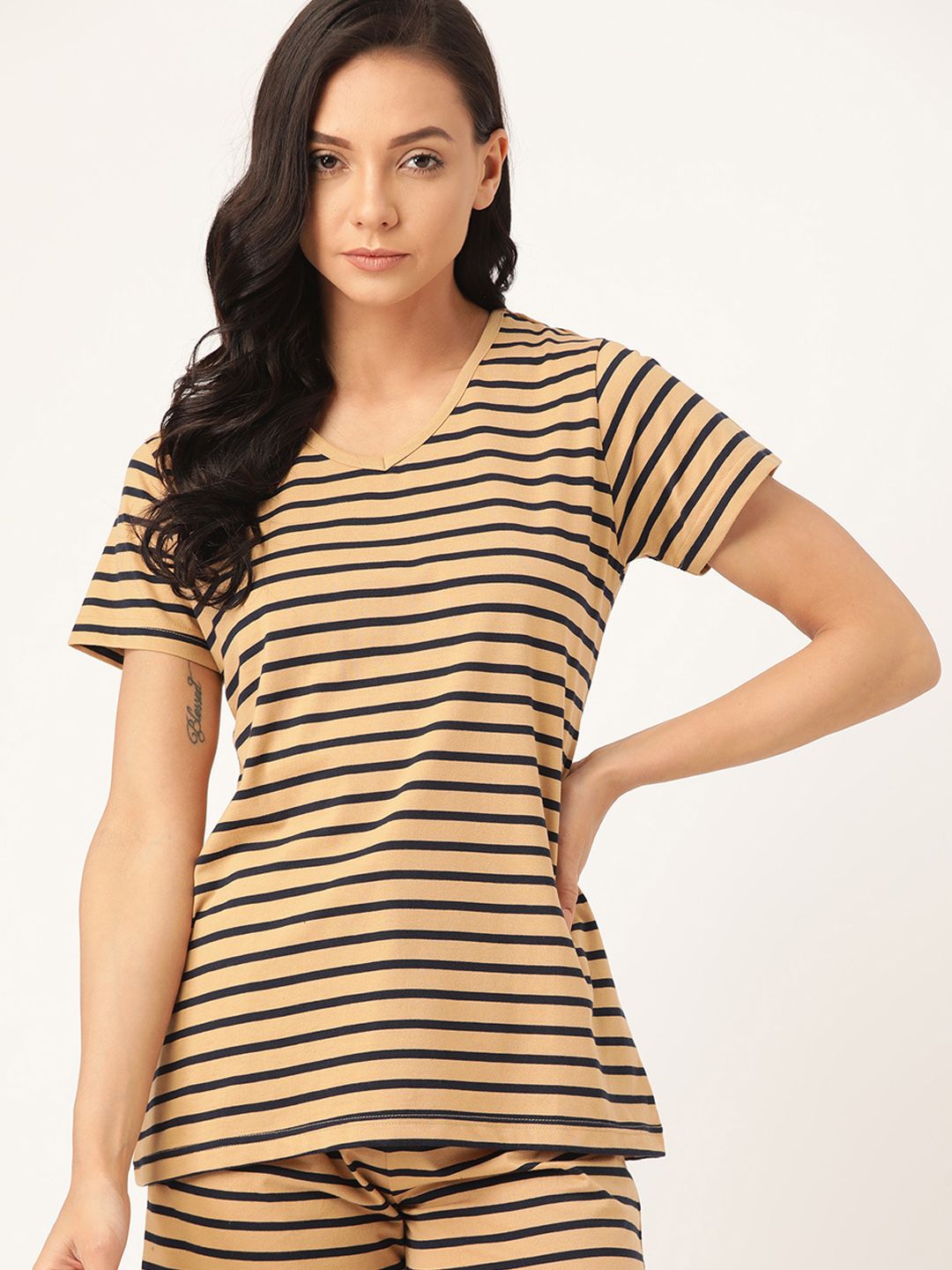 ETC Women Beige & Navy Blue Pure Cotton Striped Lounge T-Shirt Price in India