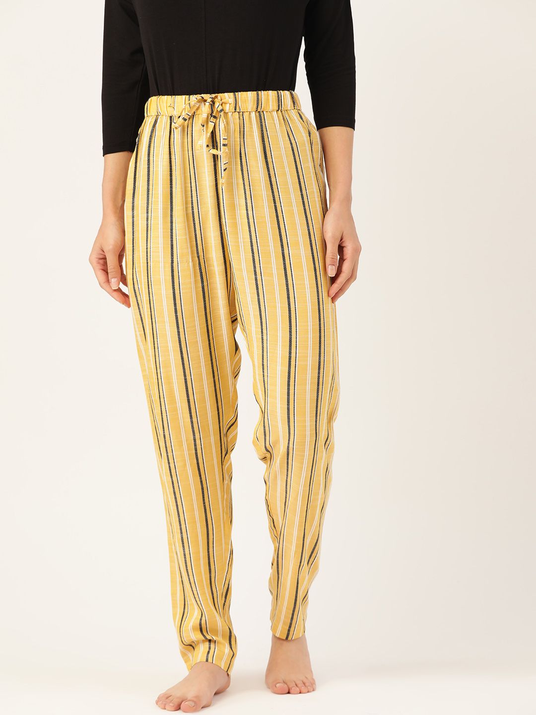 ETC Women Yellow & Navy Blue Pure Cotton Striped Lounge Pants Price in India