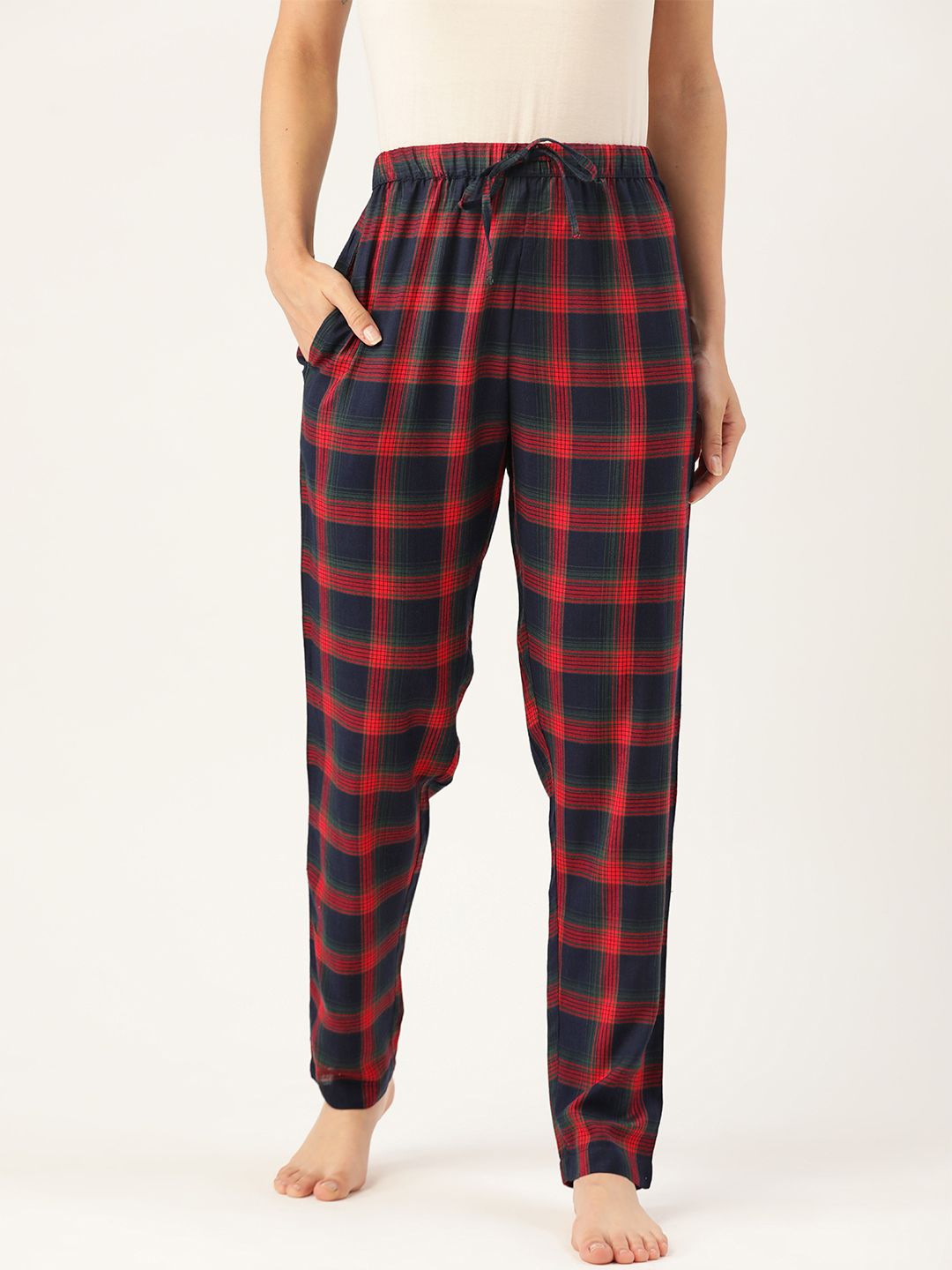 ETC Women Navy Blue & Red Checked Lounge Pants Price in India
