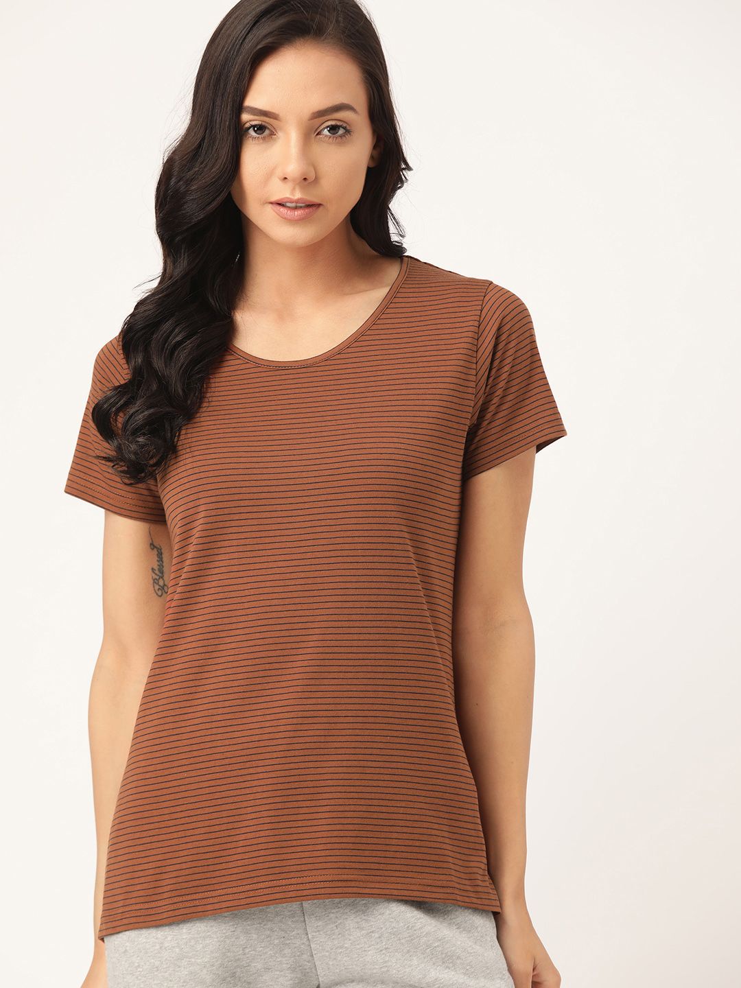 ETC Women Brown & Navy Blue Pure Cotton Striped Lounge T-Shirt Price in India