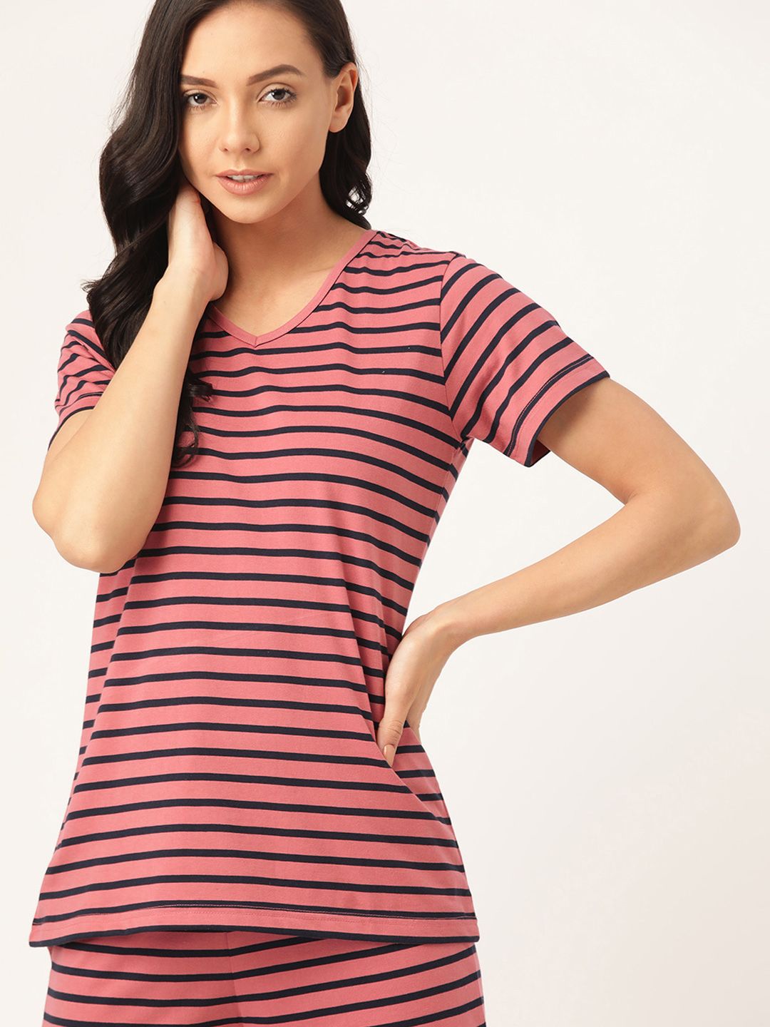 ETC Women Pink & Navy Blue Pure Cotton Striped Lounge T-Shirt Price in India