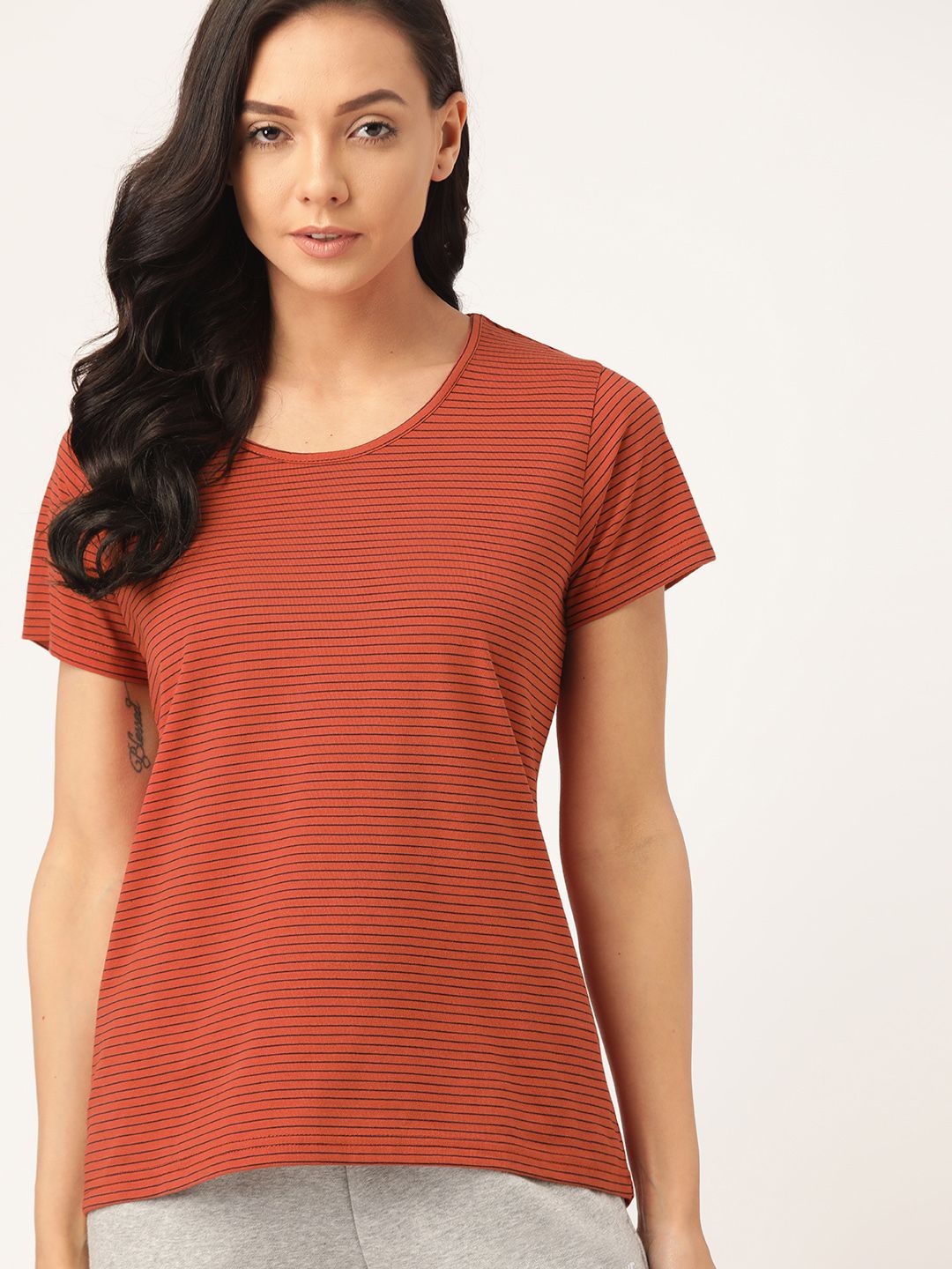 ETC Women Rust Orange & Navy Blue Pure Cotton Striped Lounge T-Shirt Price in India