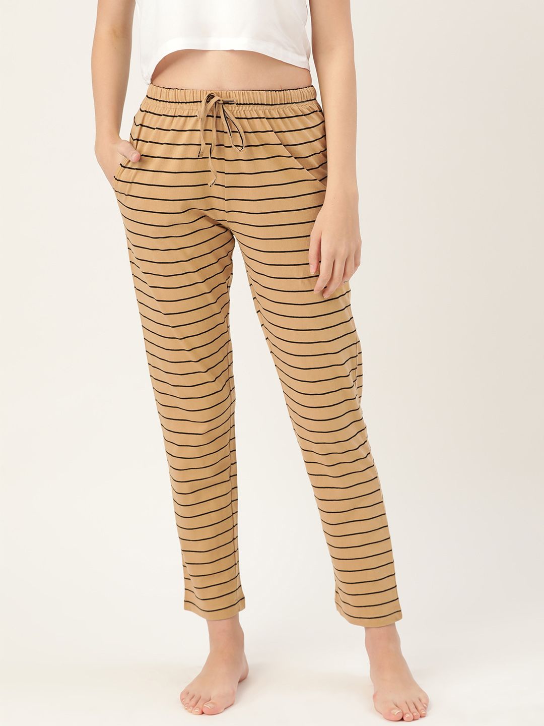 ETC Women Beige & Black Striped Lounge Pants Price in India