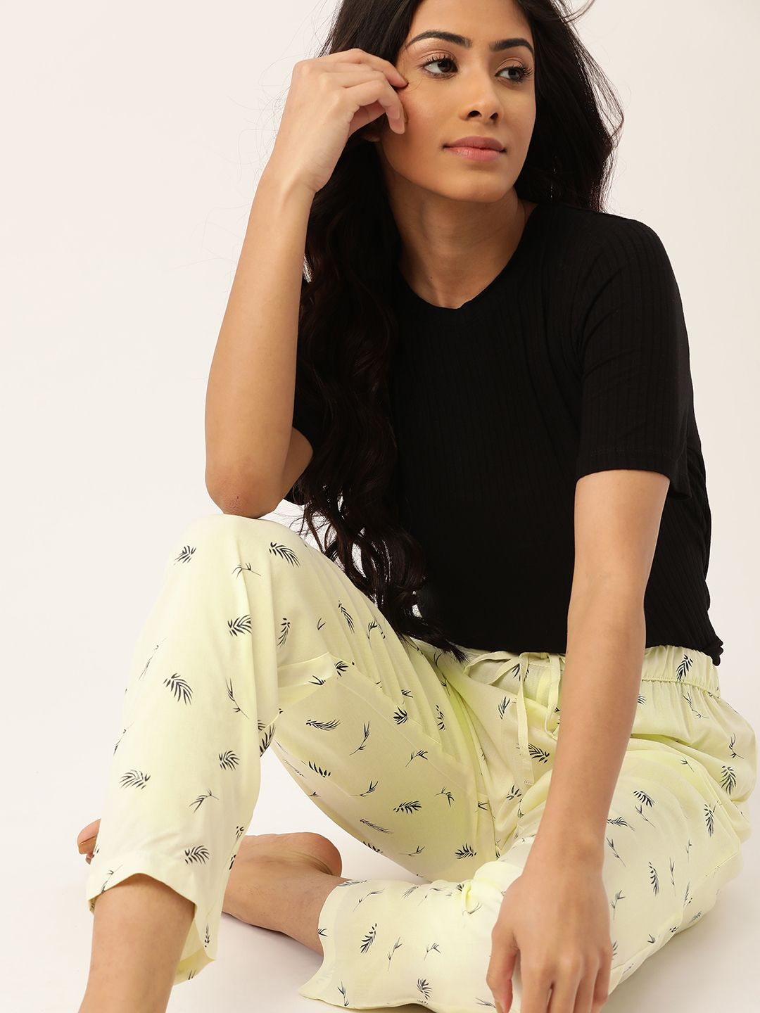 ETC Women Yellow & Black Printed Lounge Pants Price in India