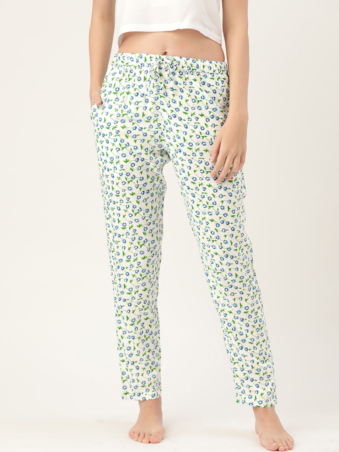 ETC Women White & Blue Floral Print Lounge Pants Price in India