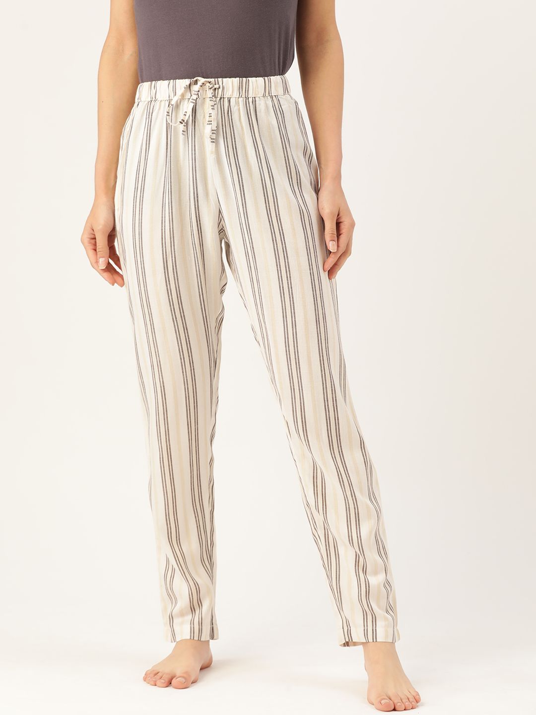 ETC Women Off-White & Charcoal Grey Striped Lounge Pants Price in India