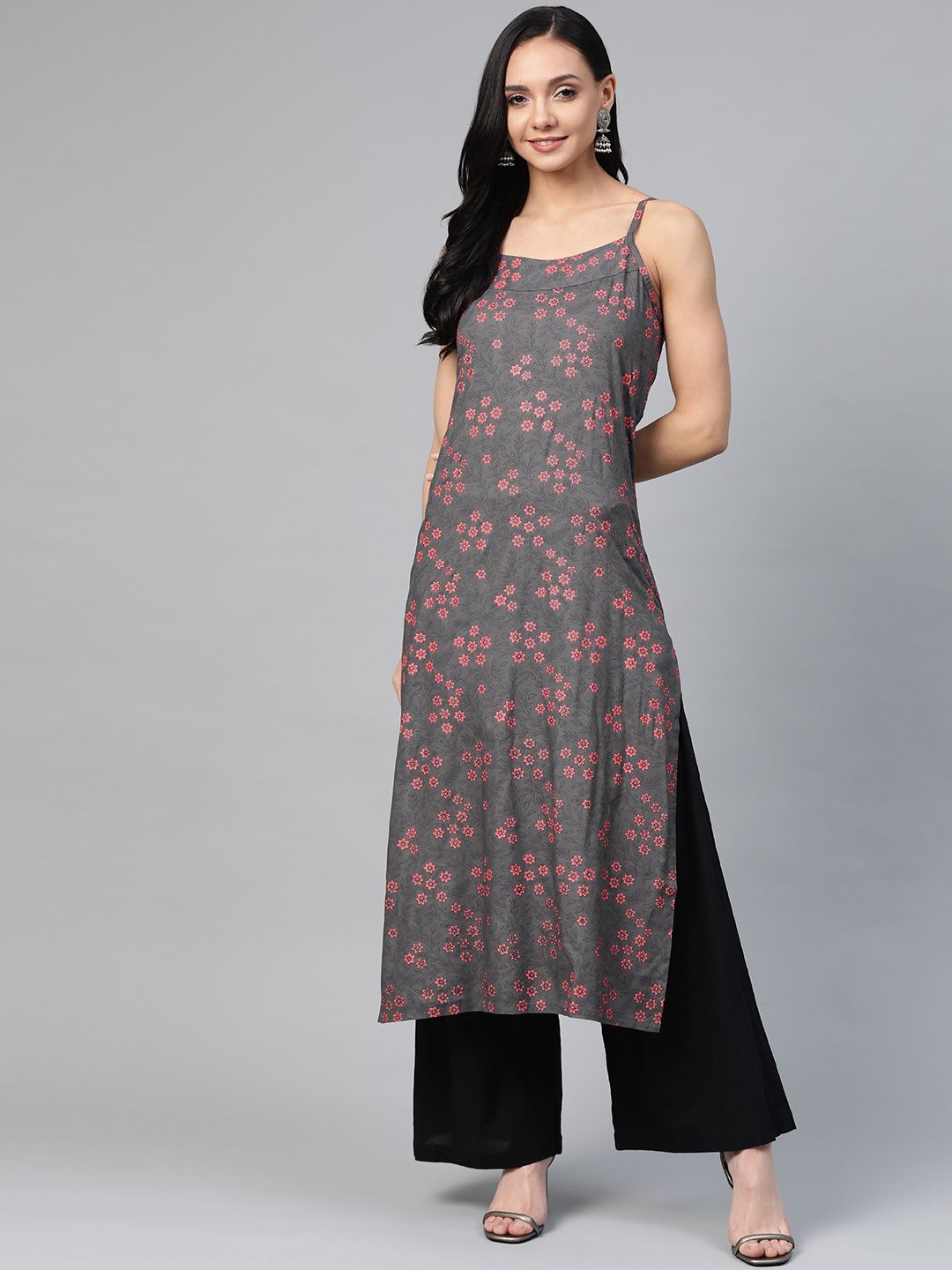 Jompers Women Charcoal Grey & Pink Printed Straight Kurta Price in India