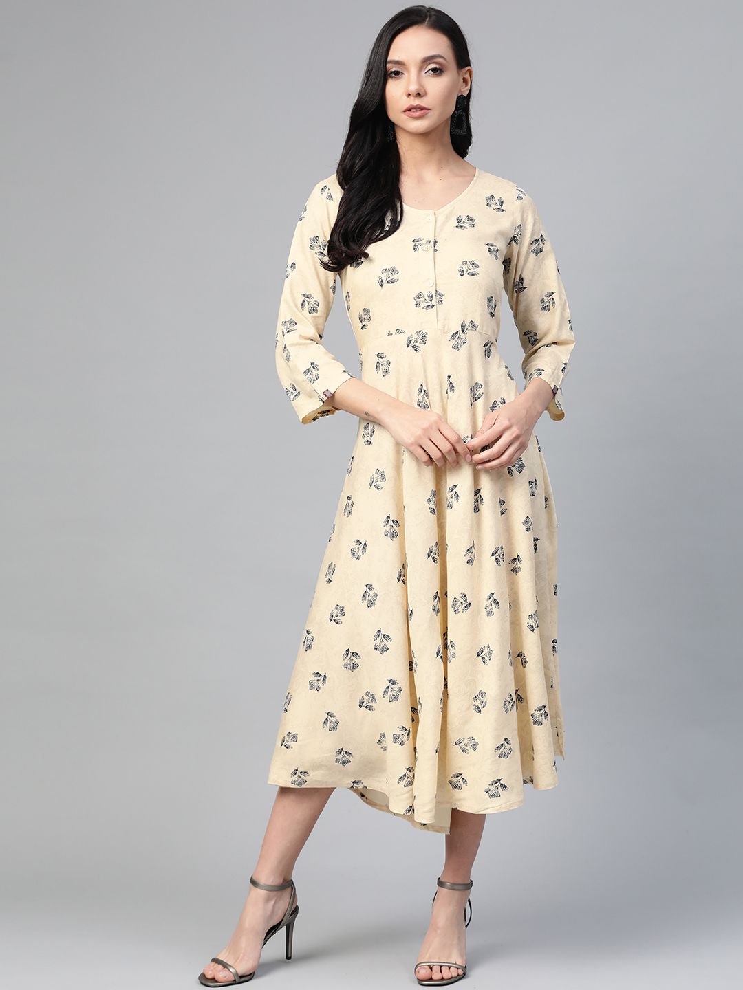 Jompers Women Cream-Coloured & Black Floral Printed A-Line Dress