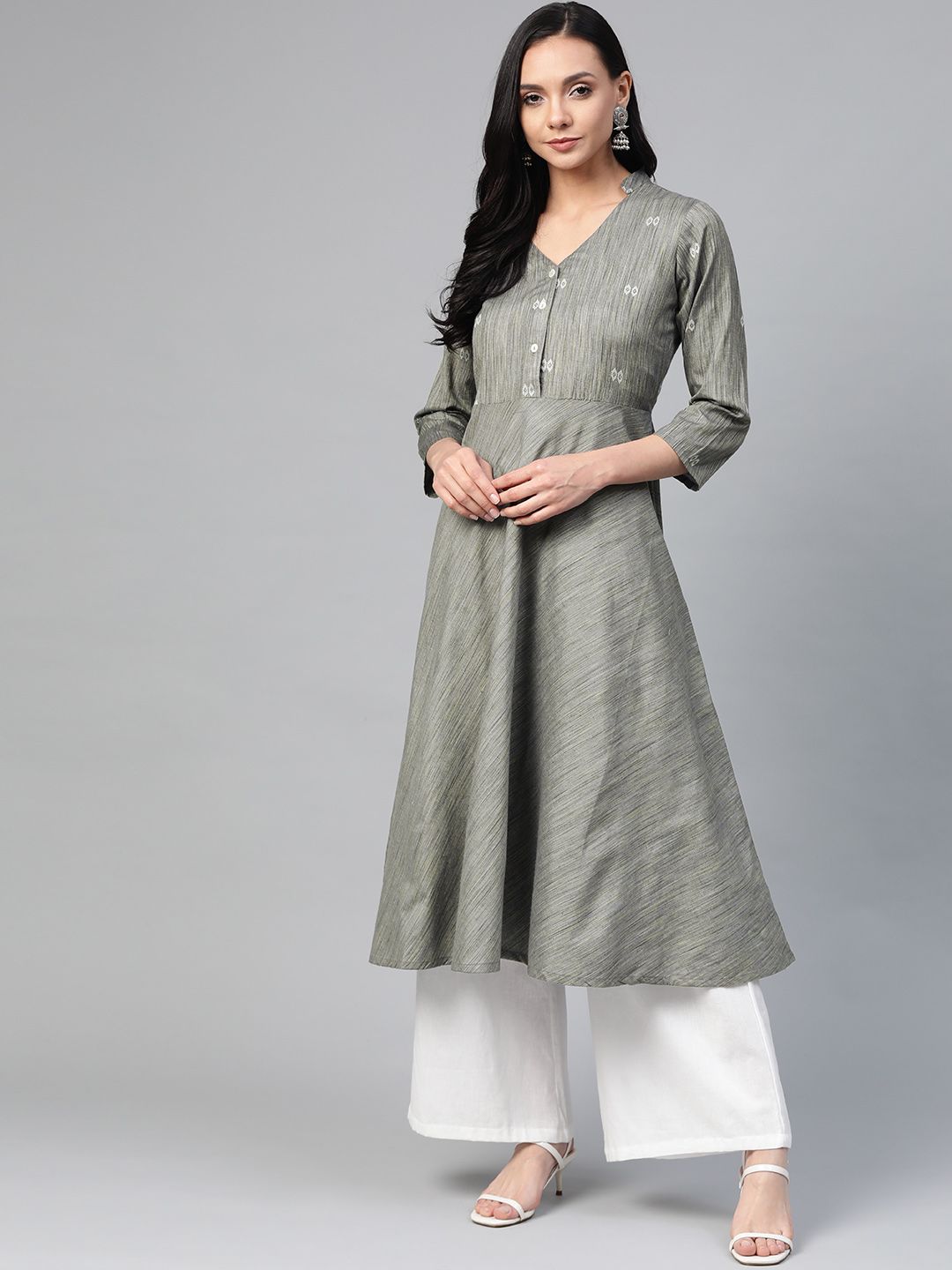 Jompers Women Grey Woven Design A-Line Kurta