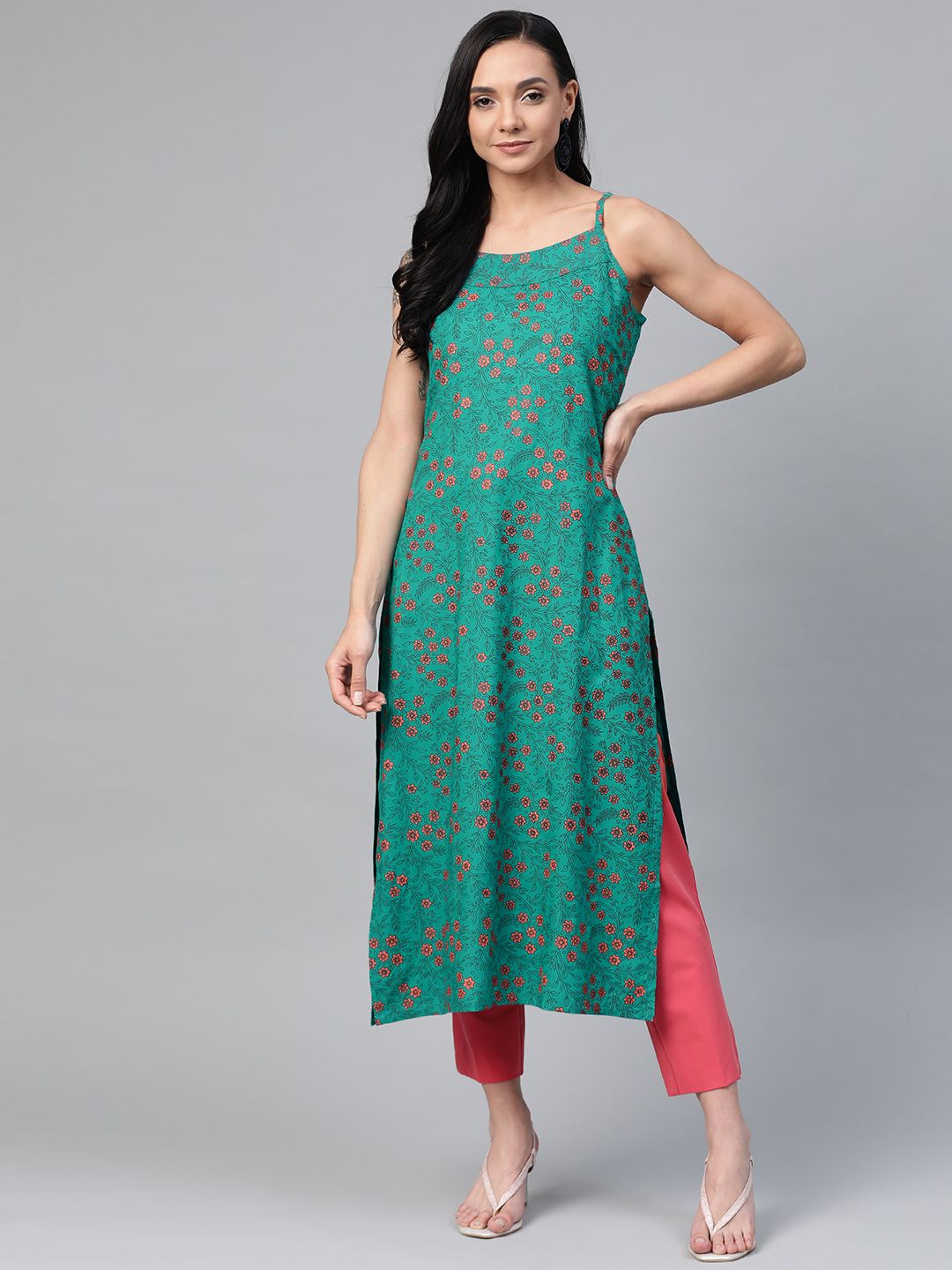 Jompers Women Teal Green & Peach-Coloured Printed Straight Kurta Price in India