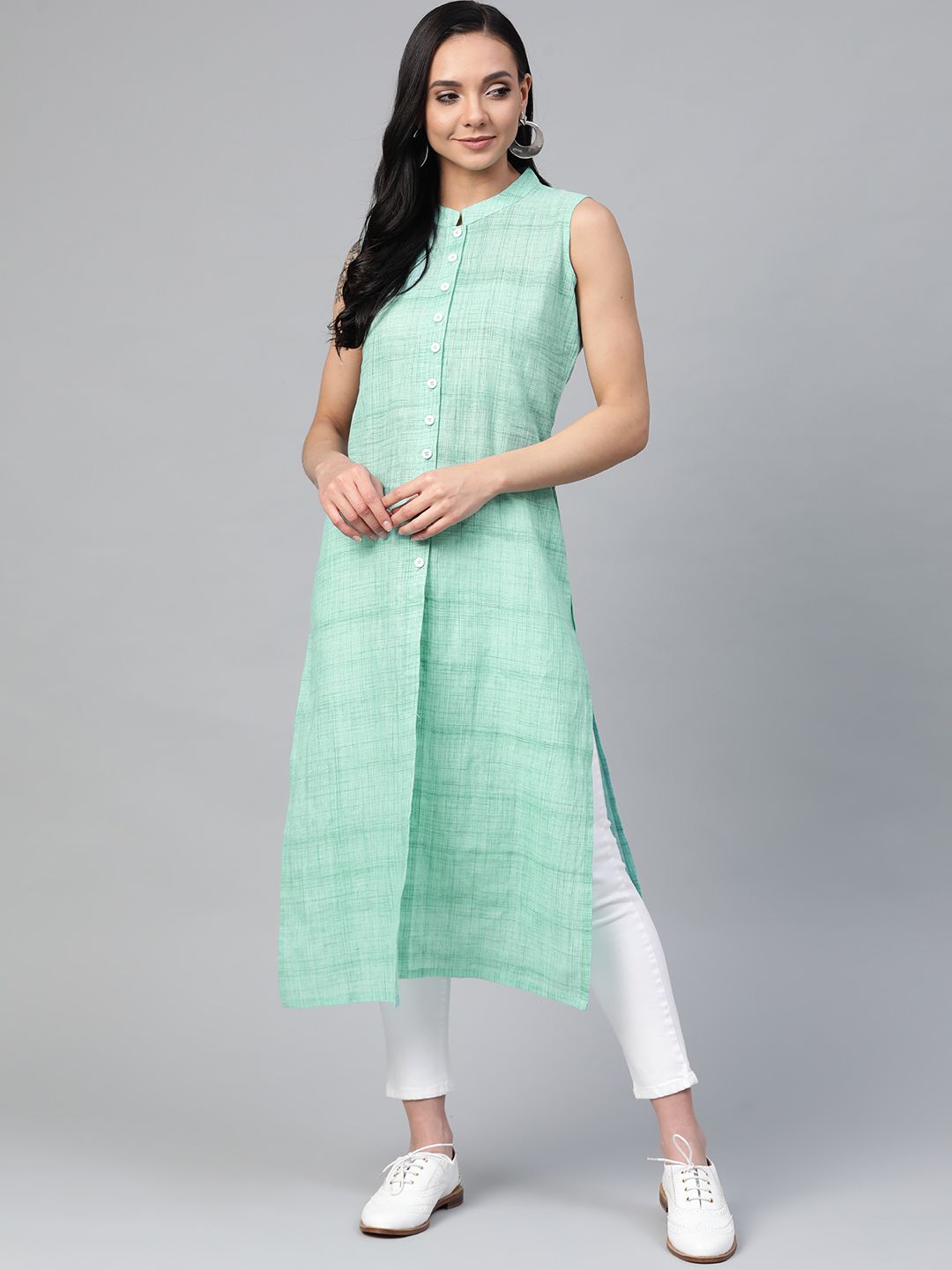 Jompers Women Green Pure Cotton Woven Design Straight Kurta Price in India