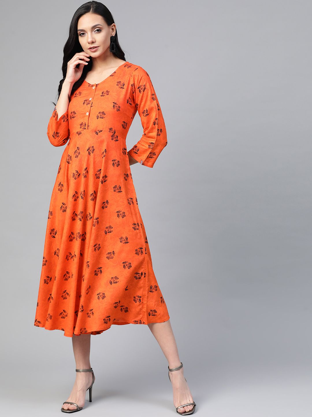 Jompers Women Orange & Black Floral Printed A-Line Dress