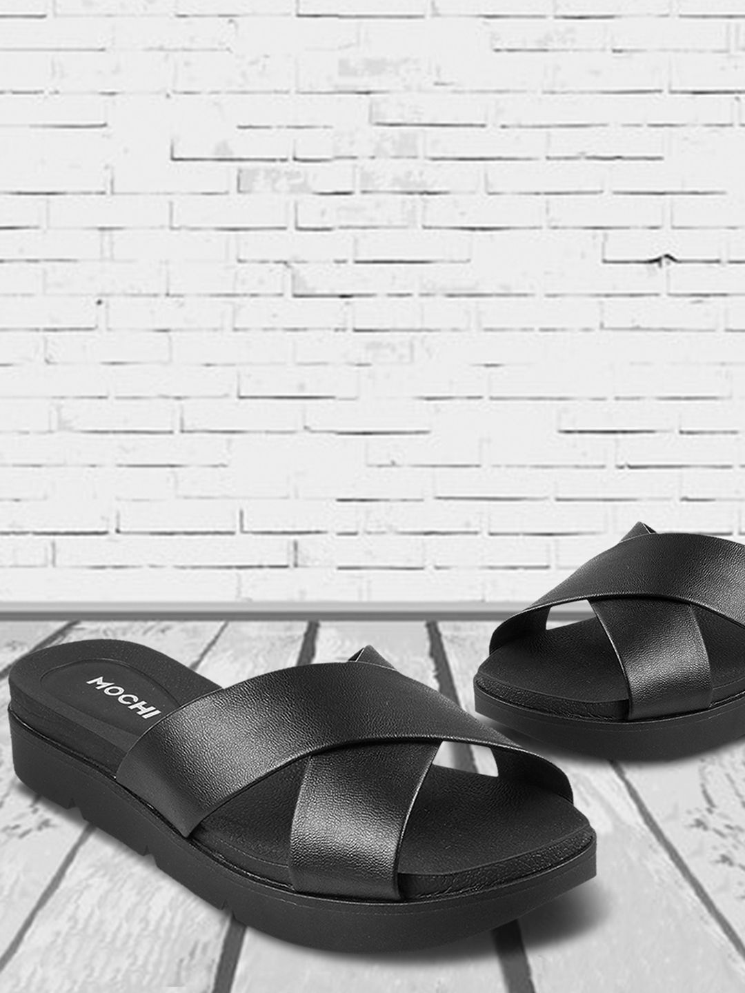 Mochi Women Black Solid Sandals Price in India