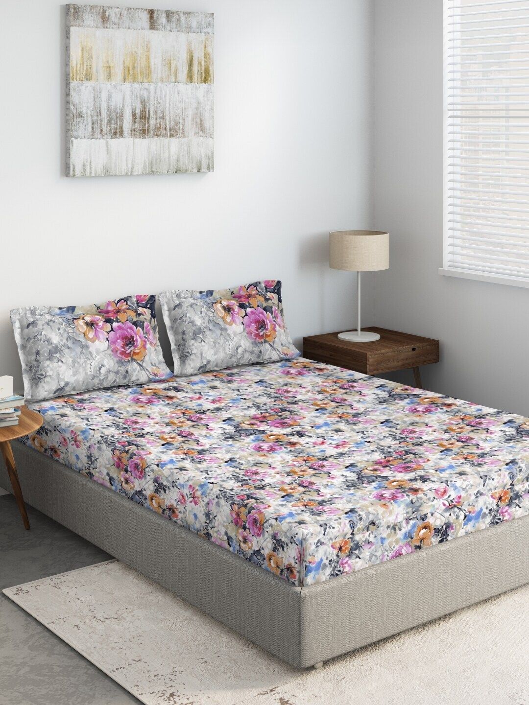 DDecor Pink & Grey Floral Printed 144 TC Cotton  King Bedsheet With 2 Pillow Covers Price in India