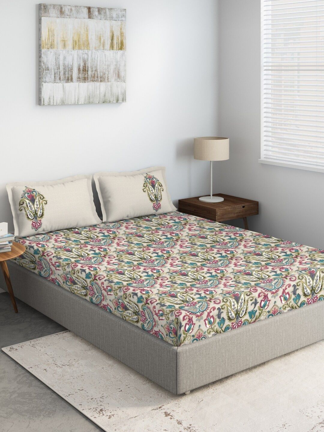 DDecor Grey & Green Printed 144 TC  King Bedsheet With 2 Pillow Covers Price in India