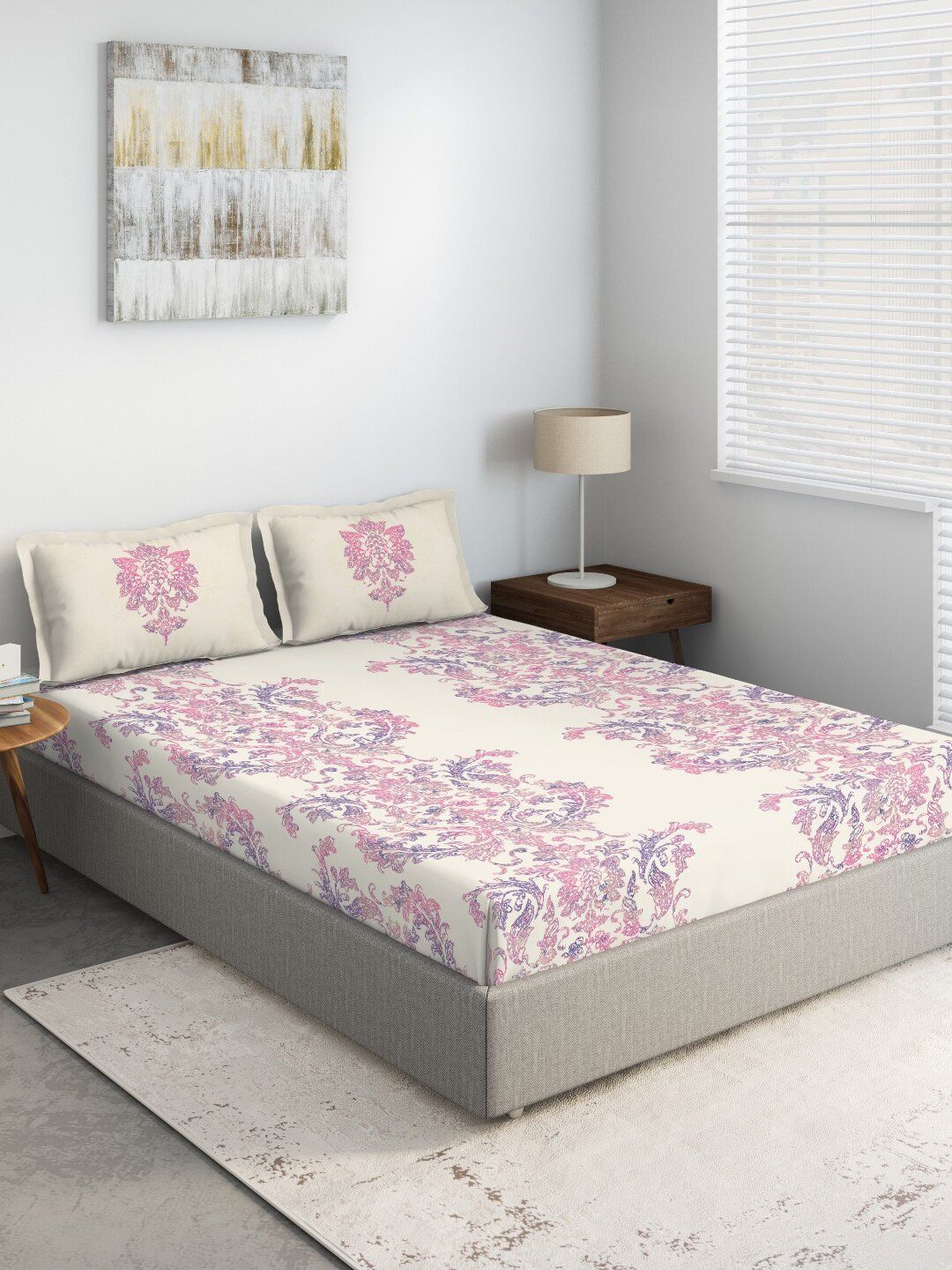 DDecor Beige & Pink Ethnic Motifs Printed 144 TC Cotton King Bedsheet With 2 Pillow Covers Price in India